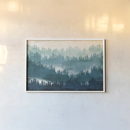 Mountainscape Blue by Michael Mullan. shown as a paper print in a white frame. Available as a archival giclee rolled canvas, fine art paper, or poster print. SKU 22466i.
