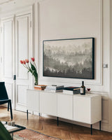 Mountainscape Silver by Michael Mullan. shown as a framed stretched canvas in a living room above a console. Available as a archival giclee rolled canvas, fine art paper, or poster print. SKU 22467i.