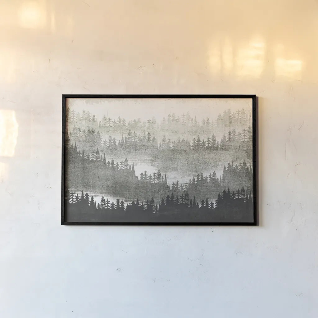Mountainscape Silver by Michael Mullan. shown as a paper print in a black flame. Available as a archival giclee rolled canvas, fine art paper, or poster print. SKU 22467i.