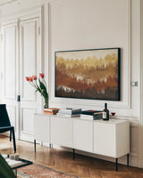 Mountainscape Spice by Michael Mullan. shown as a framed stretched canvas in a living room above a console. Available as a archival giclee rolled canvas, fine art paper, or poster print. SKU 22468i.