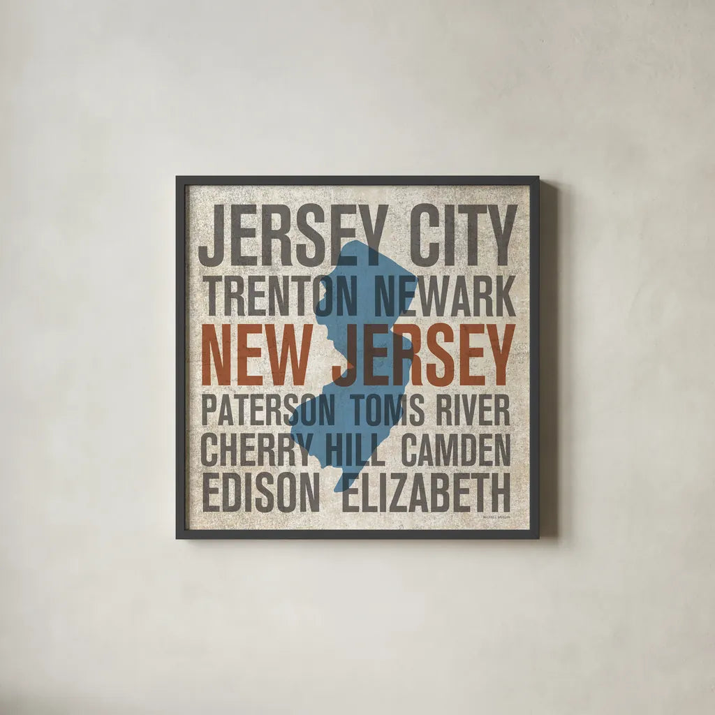 New Jersey by Michael Mullan. Shown in a sleek black glass frame for a contemporary gallery look. Available as an archival giclee rolled canvas, fine art paper, or poster print. SKU 18069a.