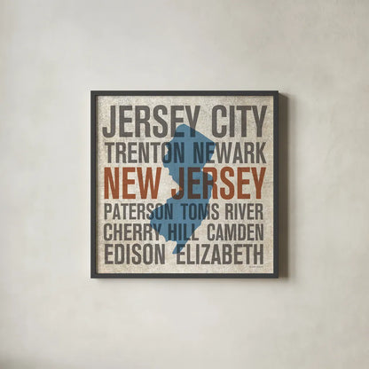 New Jersey by Michael Mullan. Shown in a sleek black glass frame for a contemporary gallery look. Available as an archival giclee rolled canvas, fine art paper, or poster print. SKU 18069a.