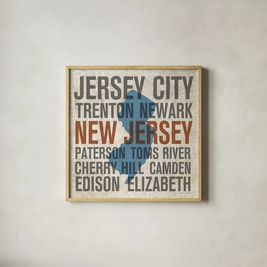 New Jersey by Michael Mullan. Shown in a natural wood glass frame for a timeless modern aesthetic. Available as an archival giclee rolled canvas, fine art paper, or poster print. SKU 18069a.