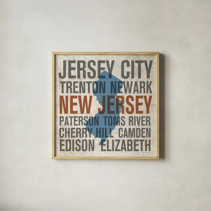 New Jersey by Michael Mullan. Shown in a natural wood glass frame for a timeless modern aesthetic. Available as an archival giclee rolled canvas, fine art paper, or poster print. SKU 18069a.