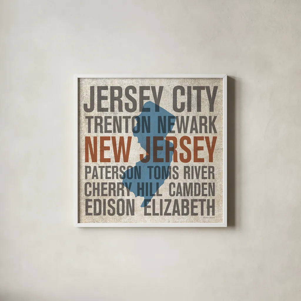 New Jersey by Michael Mullan. Shown in a crisp white glass frame for a clean and minimalist style. Available as an archival giclee rolled canvas, fine art paper, or poster print. SKU 18069a.