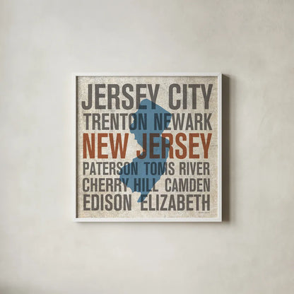 New Jersey by Michael Mullan. Shown in a crisp white glass frame for a clean and minimalist style. Available as an archival giclee rolled canvas, fine art paper, or poster print. SKU 18069a.