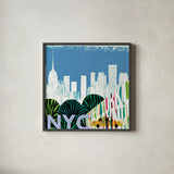 New York City Life NYC by Michael Mullan. Shown in a sleek black glass frame for a contemporary gallery look. Available as an archival giclee rolled canvas, fine art paper, or poster print. SKU 22996a.