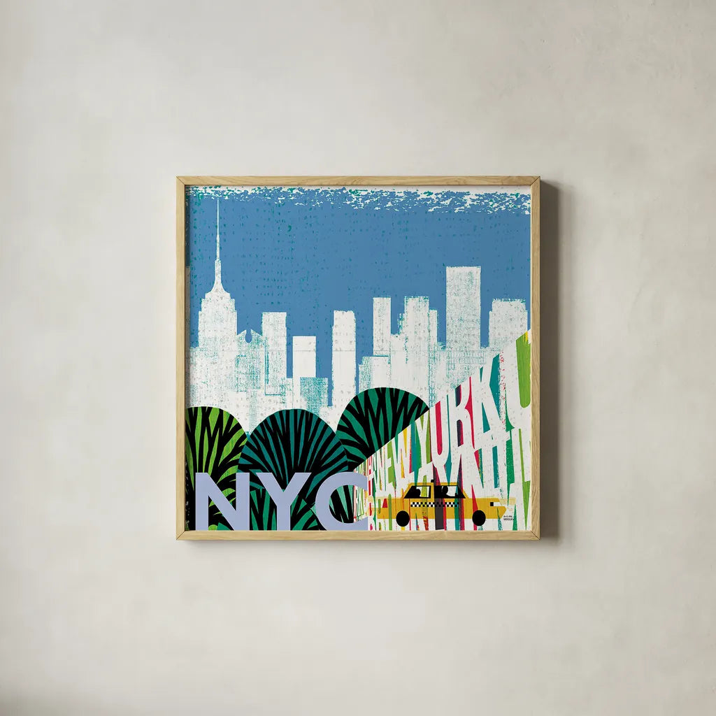 New York City Life NYC by Michael Mullan. Shown in a natural wood glass frame for a timeless modern aesthetic. Available as an archival giclee rolled canvas, fine art paper, or poster print. SKU 22996a.