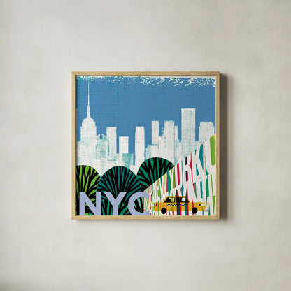 New York City Life NYC by Michael Mullan. Shown in a natural wood glass frame for a timeless modern aesthetic. Available as an archival giclee rolled canvas, fine art paper, or poster print. SKU 22996a.