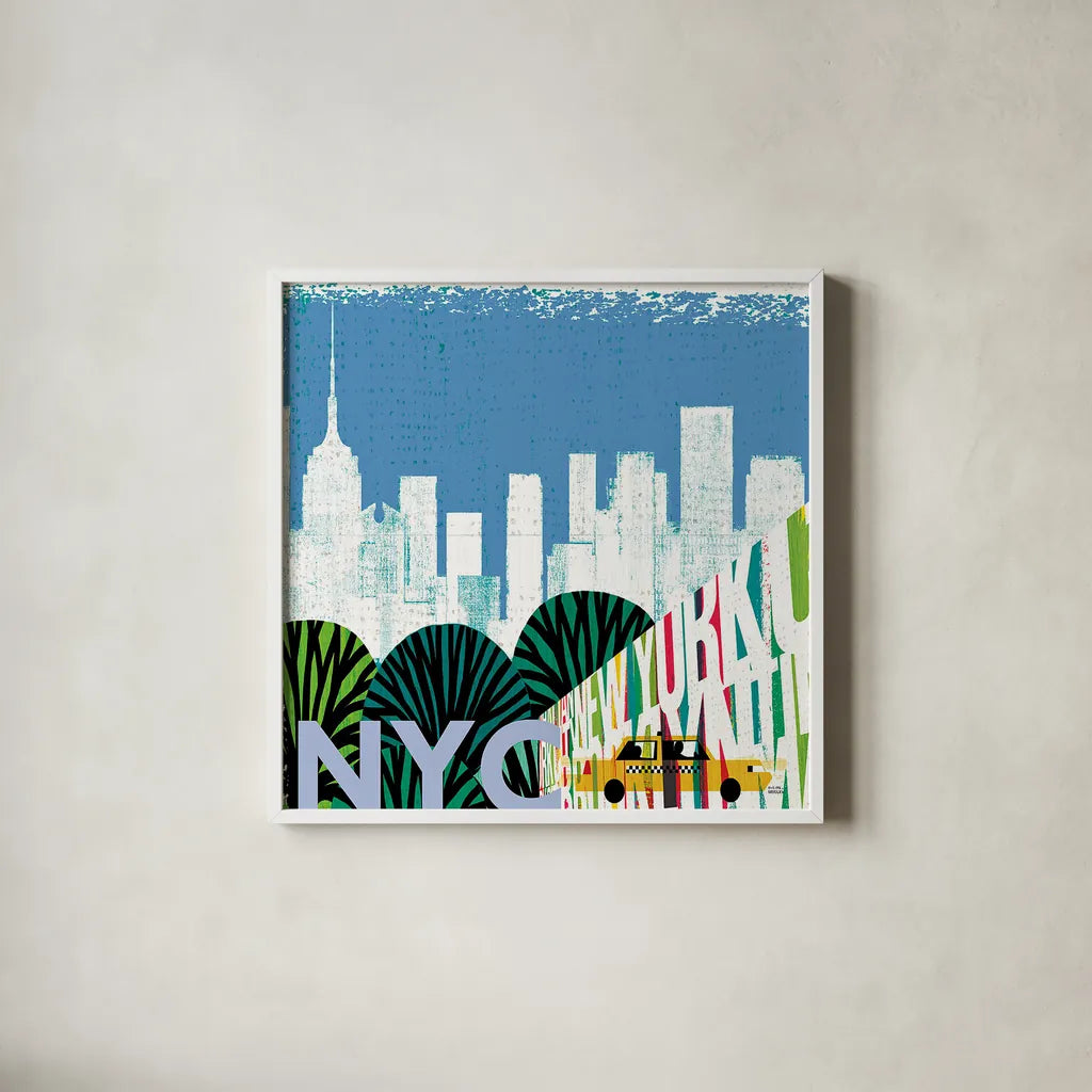 New York City Life NYC by Michael Mullan. Shown in a crisp white glass frame for a clean and minimalist style. Available as an archival giclee rolled canvas, fine art paper, or poster print. SKU 22996a.