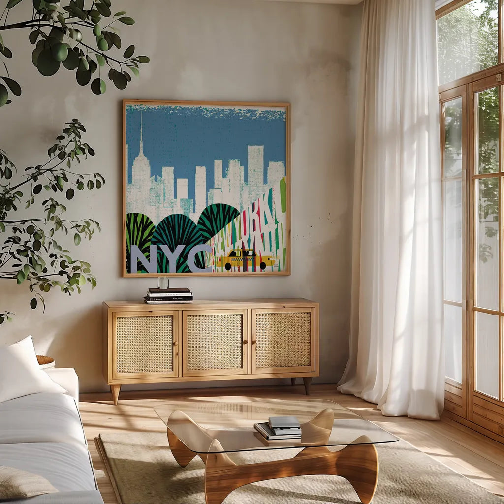 New York City Life NYC by Michael Mullan. Shown in a natural wood frame in a cozy modern living room. Available as an archival giclee rolled canvas, fine art paper, or poster print. SKU 22996a.