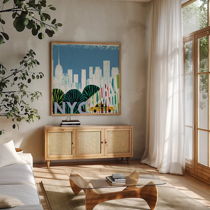 New York City Life NYC by Michael Mullan. Shown in a natural wood frame in a cozy modern living room. Available as an archival giclee rolled canvas, fine art paper, or poster print. SKU 22996a.