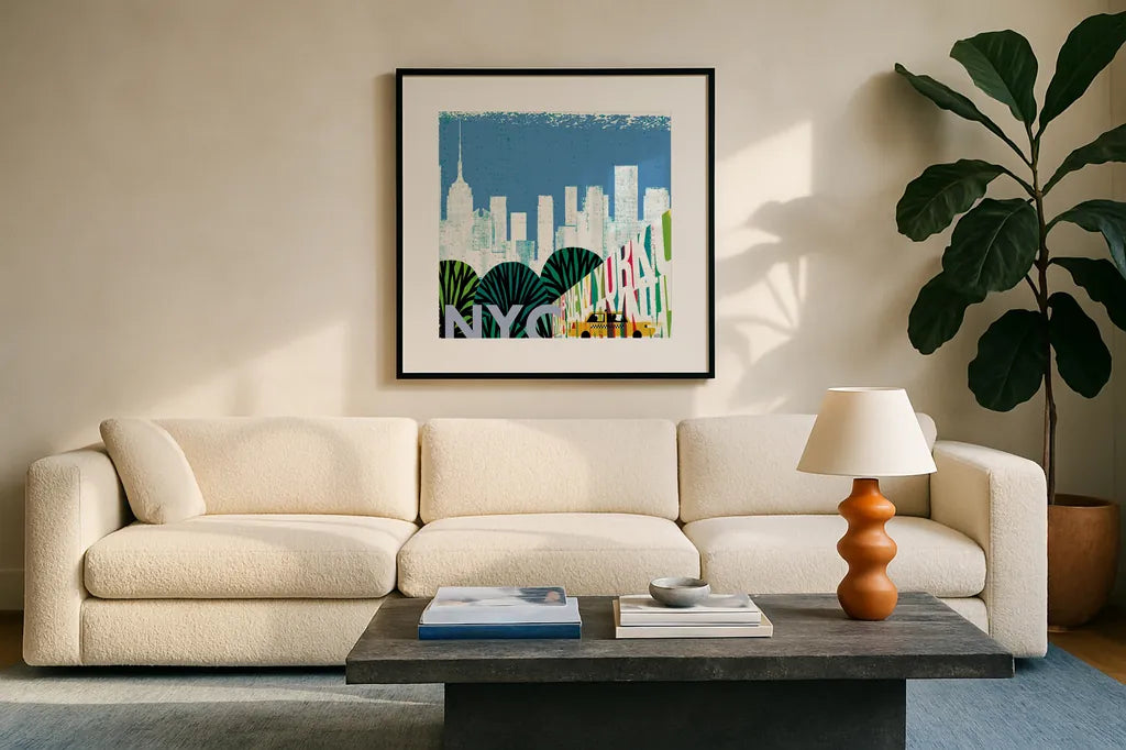New York City Life NYC by Michael Mullan. Displayed in a glass frame with matte in a clean modern living room. Available as an archival giclee rolled canvas, fine art paper, or poster print. SKU 22996a.