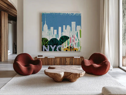 New York City Life NYC by Michael Mullan. Shown as extra-large giant wall art in a modern living room. Available as an archival giclee rolled canvas, fine art paper, or poster print. SKU 22996a.