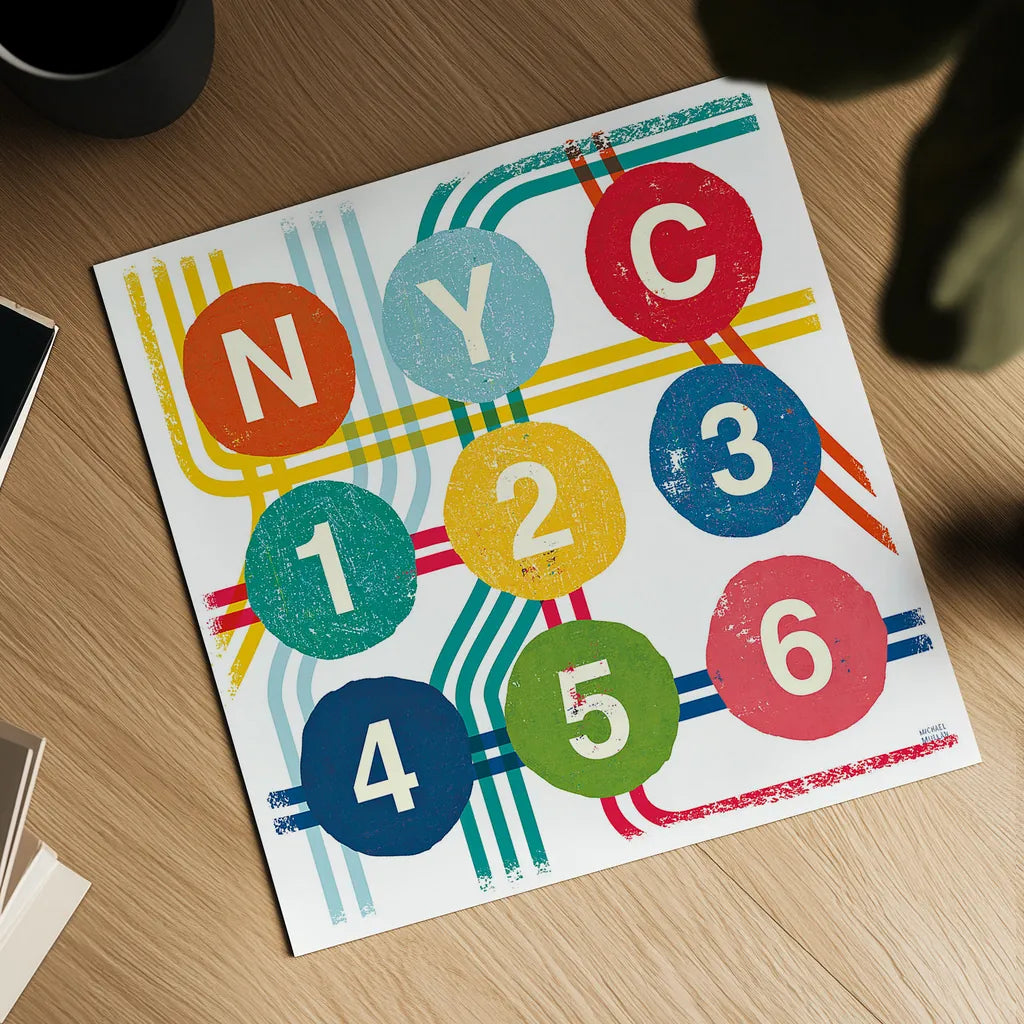 New York City Life Subway by Michael Mullan. Shown as a detailed flat fine art print, highlighting archival giclee quality. Available as an archival giclee rolled canvas, fine art paper, or poster print. SKU 22999a.