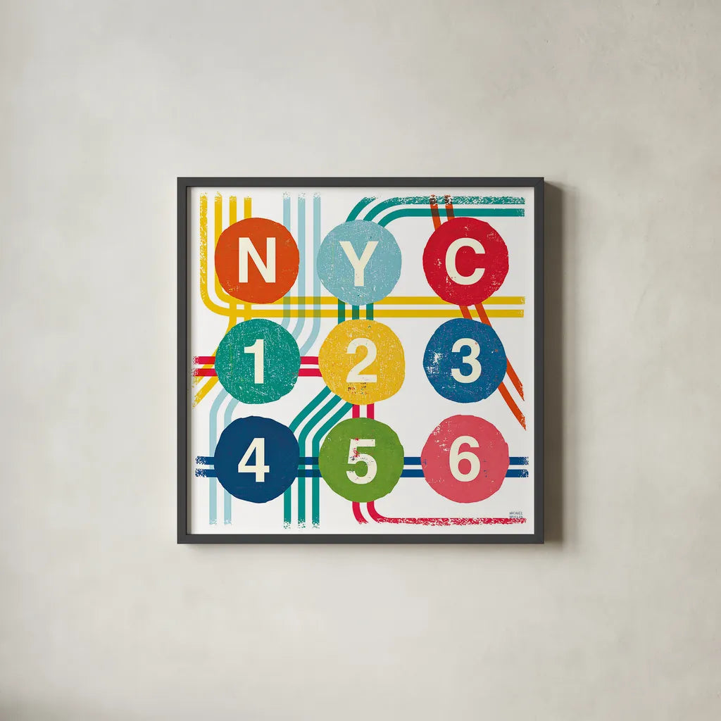 New York City Life Subway by Michael Mullan. Shown in a sleek black glass frame for a contemporary gallery look. Available as an archival giclee rolled canvas, fine art paper, or poster print. SKU 22999a.