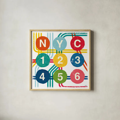 New York City Life Subway by Michael Mullan. Shown in a natural wood glass frame for a timeless modern aesthetic. Available as an archival giclee rolled canvas, fine art paper, or poster print. SKU 22999a.