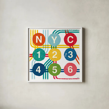 New York City Life Subway by Michael Mullan. Shown in a crisp white glass frame for a clean and minimalist style. Available as an archival giclee rolled canvas, fine art paper, or poster print. SKU 22999a.