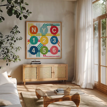 New York City Life Subway by Michael Mullan. Shown in a natural wood frame in a cozy modern living room. Available as an archival giclee rolled canvas, fine art paper, or poster print. SKU 22999a.