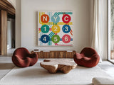 New York City Life Subway by Michael Mullan. Shown as extra-large giant wall art in a modern living room. Available as an archival giclee rolled canvas, fine art paper, or poster print. SKU 22999a.