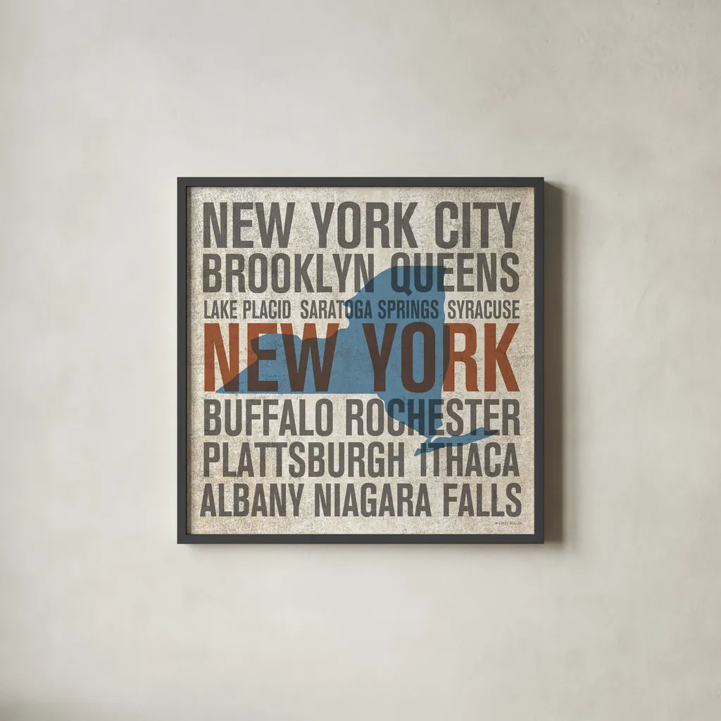 New York V2 by Michael Mullan. Shown in a sleek black glass frame for a contemporary gallery look. Available as an archival giclee rolled canvas, fine art paper, or poster print. SKU 18070a.