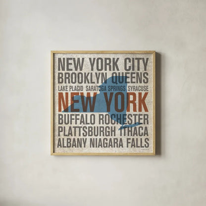 New York V2 by Michael Mullan. Shown in a natural wood glass frame for a timeless modern aesthetic. Available as an archival giclee rolled canvas, fine art paper, or poster print. SKU 18070a.