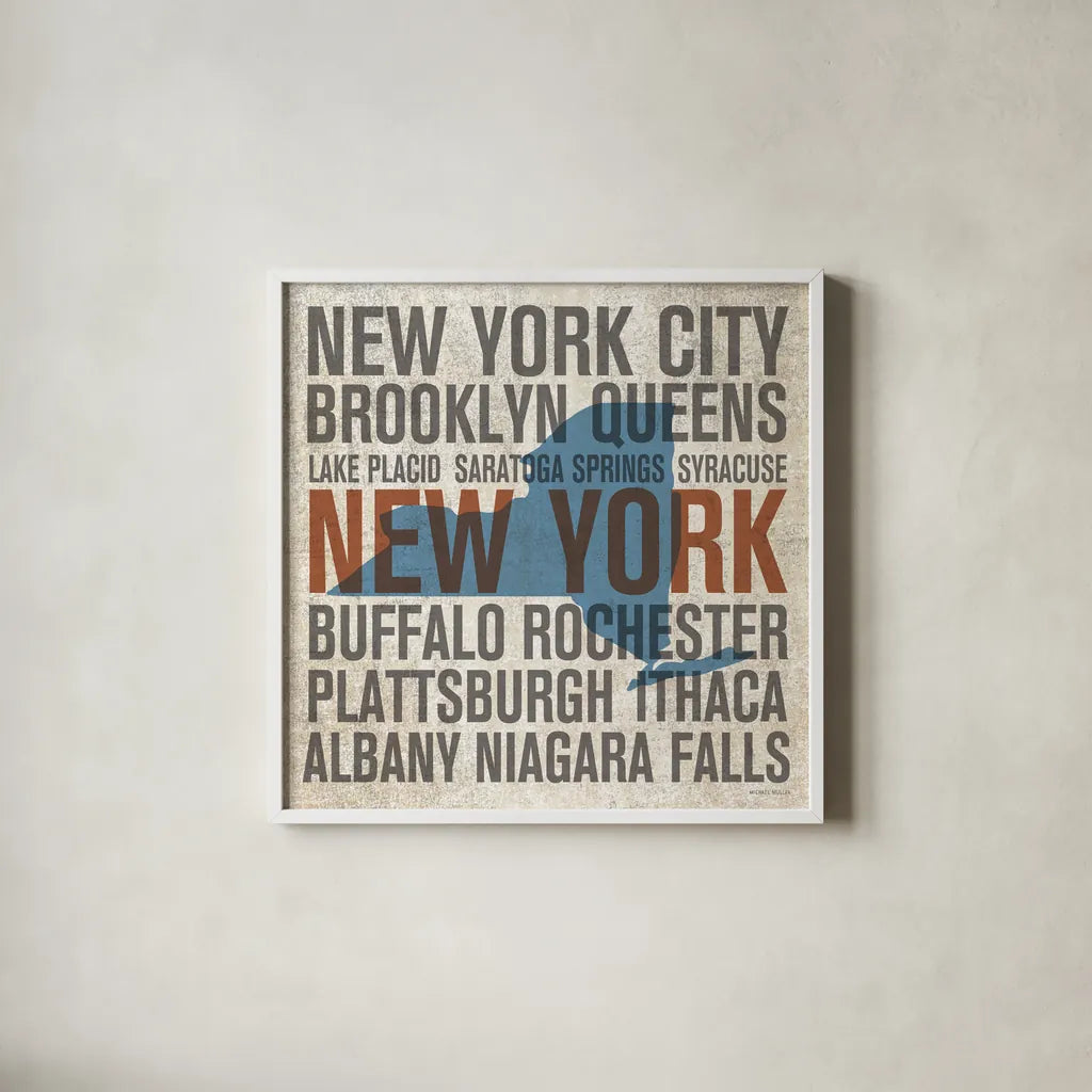 New York V2 by Michael Mullan. Shown in a crisp white glass frame for a clean and minimalist style. Available as an archival giclee rolled canvas, fine art paper, or poster print. SKU 18070a.