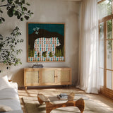 Nighttime Dwellers Bear by Michael Mullan. Shown in a natural wood frame in a cozy modern living room. Available as an archival giclee rolled canvas, fine art paper, or poster print. SKU 50519a.