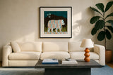 Nighttime Dwellers Bear by Michael Mullan. Displayed in a glass frame with matte in a clean modern living room. Available as an archival giclee rolled canvas, fine art paper, or poster print. SKU 50519a.