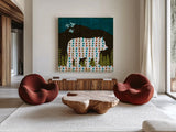 Nighttime Dwellers Bear by Michael Mullan. Shown as extra-large giant wall art in a modern living room. Available as an archival giclee rolled canvas, fine art paper, or poster print. SKU 50519a.