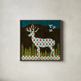 Nighttime Dwellers Deer by Michael Mullan. Shown in a sleek black glass frame for a contemporary gallery look. Available as an archival giclee rolled canvas, fine art paper, or poster print. SKU 50520a.