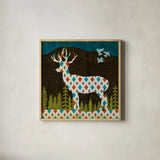 Nighttime Dwellers Deer by Michael Mullan. Shown in a natural wood glass frame for a timeless modern aesthetic. Available as an archival giclee rolled canvas, fine art paper, or poster print. SKU 50520a.