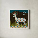 Nighttime Dwellers Deer by Michael Mullan. Shown in a crisp white glass frame for a clean and minimalist style. Available as an archival giclee rolled canvas, fine art paper, or poster print. SKU 50520a.