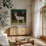 Nighttime Dwellers Deer by Michael Mullan. Shown in a natural wood frame in a cozy modern living room. Available as an archival giclee rolled canvas, fine art paper, or poster print. SKU 50520a.