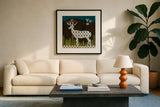 Nighttime Dwellers Deer by Michael Mullan. Displayed in a glass frame with matte in a clean modern living room. Available as an archival giclee rolled canvas, fine art paper, or poster print. SKU 50520a.