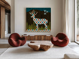 Nighttime Dwellers Deer by Michael Mullan. Shown as extra-large giant wall art in a modern living room. Available as an archival giclee rolled canvas, fine art paper, or poster print. SKU 50520a.