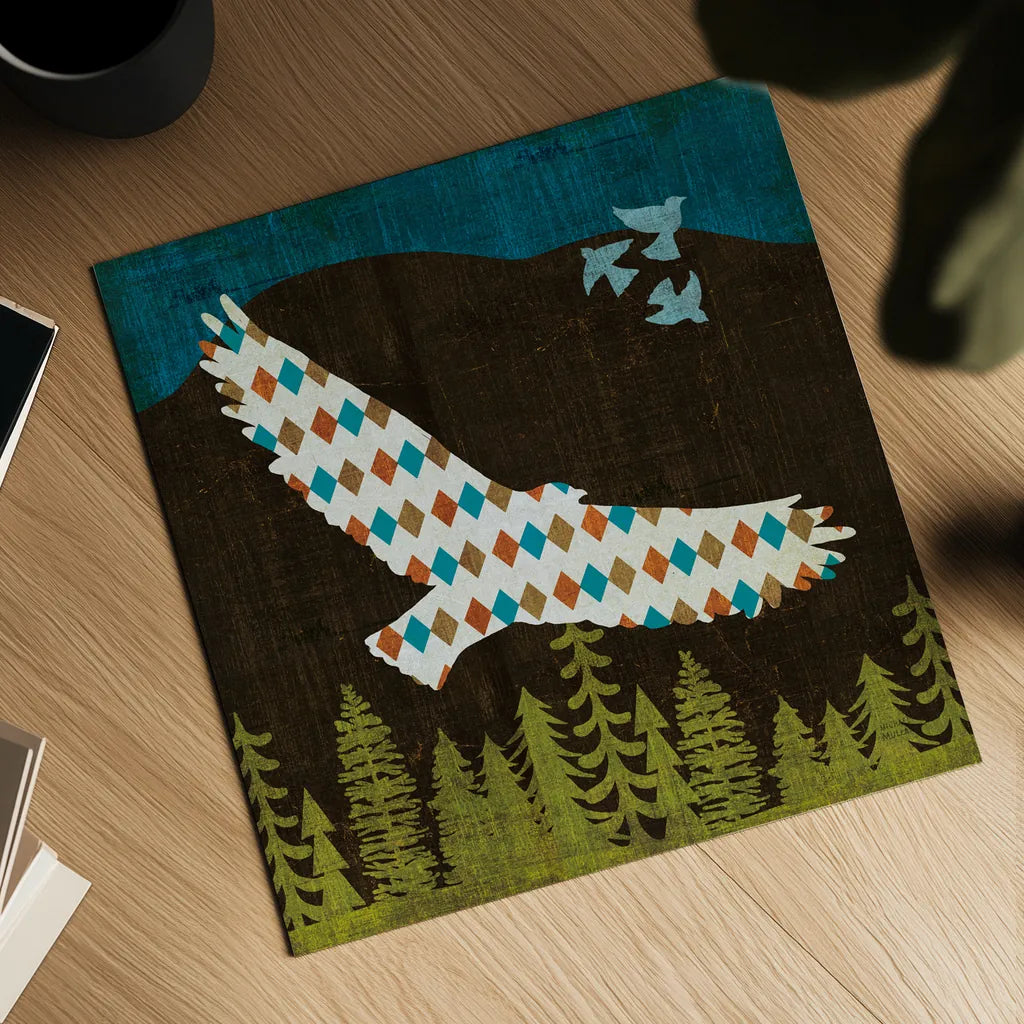 Nighttime Dwellers Eagle by Michael Mullan. Shown as a detailed flat fine art print, highlighting archival giclee quality. Available as an archival giclee rolled canvas, fine art paper, or poster print. SKU 50521a.