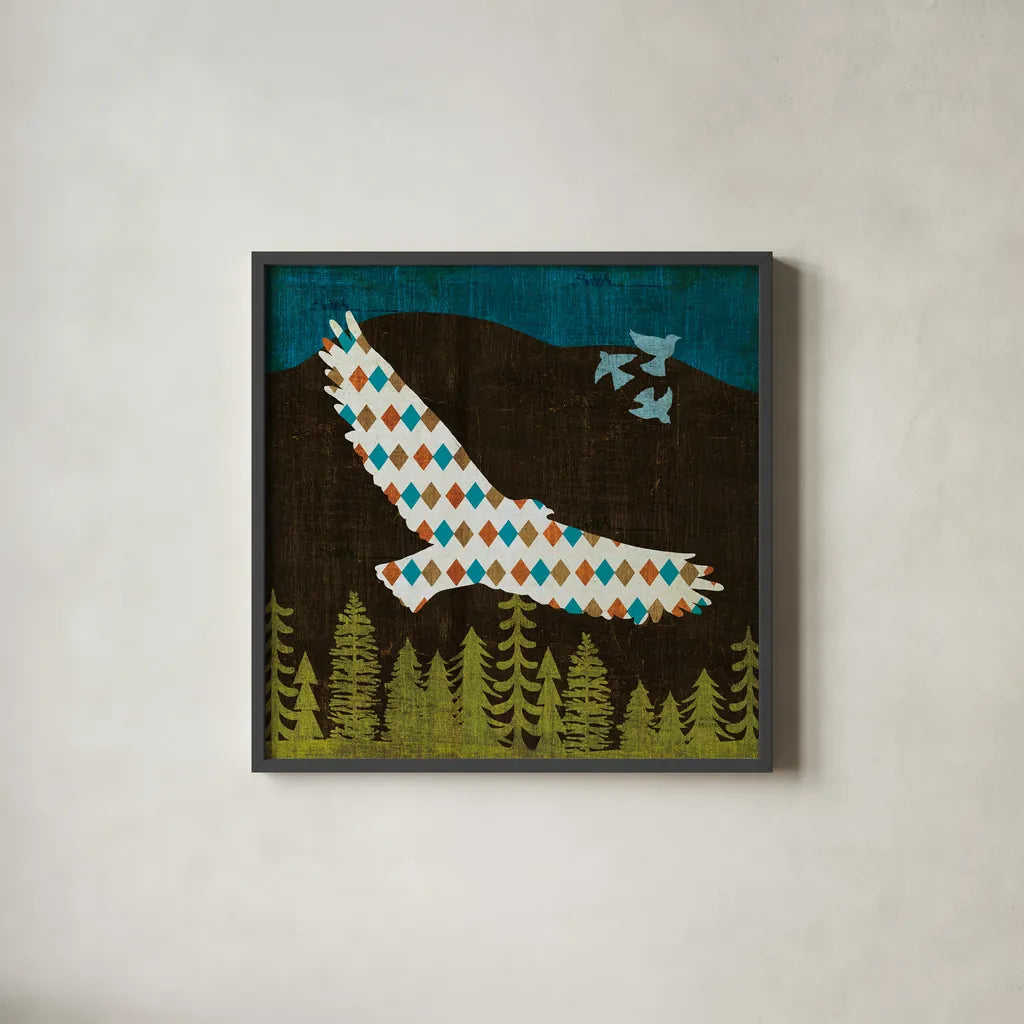 Nighttime Dwellers Eagle by Michael Mullan. Shown in a sleek black glass frame for a contemporary gallery look. Available as an archival giclee rolled canvas, fine art paper, or poster print. SKU 50521a.