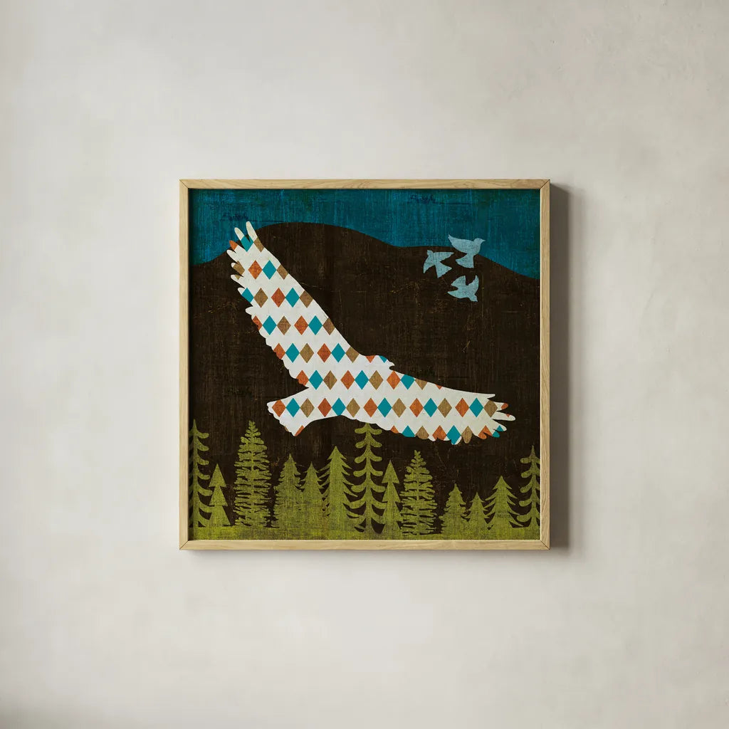 Nighttime Dwellers Eagle by Michael Mullan. Shown in a natural wood glass frame for a timeless modern aesthetic. Available as an archival giclee rolled canvas, fine art paper, or poster print. SKU 50521a.