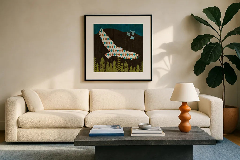 Nighttime Dwellers Eagle by Michael Mullan. Displayed in a glass frame with matte in a clean modern living room. Available as an archival giclee rolled canvas, fine art paper, or poster print. SKU 50521a.