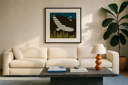 Nighttime Dwellers Eagle by Michael Mullan. Displayed in a glass frame with matte in a clean modern living room. Available as an archival giclee rolled canvas, fine art paper, or poster print. SKU 50521a.