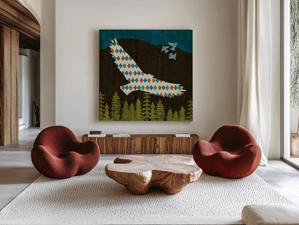 Nighttime Dwellers Eagle by Michael Mullan. Shown as extra-large giant wall art in a modern living room. Available as an archival giclee rolled canvas, fine art paper, or poster print. SKU 50521a.