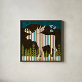 Nighttime Dwellers Moose by Michael Mullan. Shown in a sleek black glass frame for a contemporary gallery look. Available as an archival giclee rolled canvas, fine art paper, or poster print. SKU 50522a.