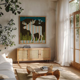 Nighttime Dwellers Moose by Michael Mullan. Shown in a natural wood frame in a cozy modern living room. Available as an archival giclee rolled canvas, fine art paper, or poster print. SKU 50522a.