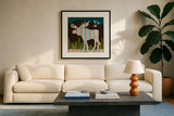 Nighttime Dwellers Moose by Michael Mullan. Displayed in a glass frame with matte in a clean modern living room. Available as an archival giclee rolled canvas, fine art paper, or poster print. SKU 50522a.