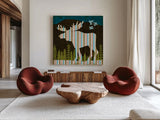 Nighttime Dwellers Moose by Michael Mullan. Shown as extra-large giant wall art in a modern living room. Available as an archival giclee rolled canvas, fine art paper, or poster print. SKU 50522a.