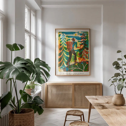 Outdoor Adventure I by Michael Mullan. shown as a print in a natural wood frame in a dining room. Available as a archival giclee rolled canvas, fine art paper, or poster print. SKU 101001h.