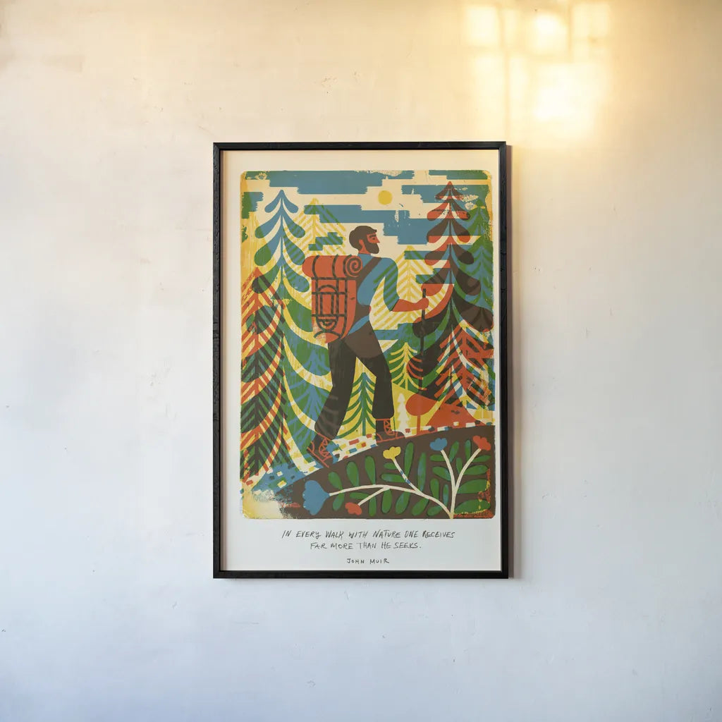 Outdoor Adventure I by Michael Mullan. shown as a paper print in a black flame. Available as a archival giclee rolled canvas, fine art paper, or poster print. SKU 101001h.