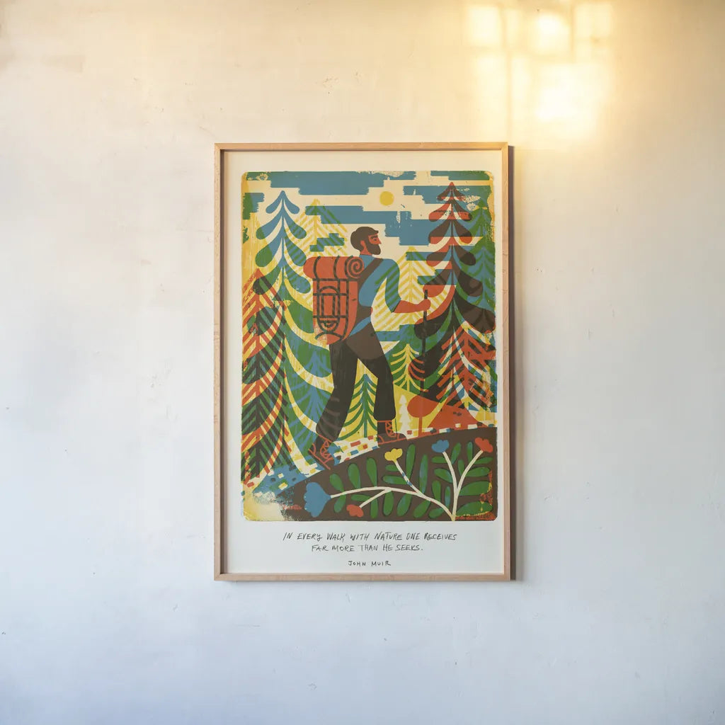 Outdoor Adventure I by Michael Mullan. shown as a paper print in a natural frame. Available as a archival giclee rolled canvas, fine art paper, or poster print. SKU 101001h.