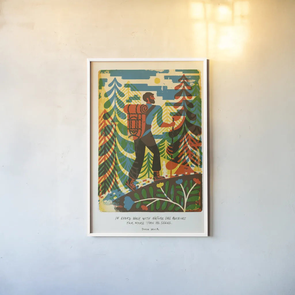 Outdoor Adventure I by Michael Mullan. shown as a paper print in a white frame. Available as a archival giclee rolled canvas, fine art paper, or poster print. SKU 101001h.